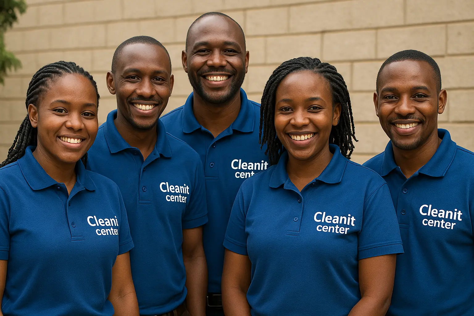 Meet the Cleanit Center team – your trusted experts in laundry, sofa, carpet, and pest control cleaning services in Nairobi Cleanit Center professional cleaning team in uniform posing after successful office cleaning service in Nairobi – expert cleaners for laundry, carpet, sofa, and pest control solutions